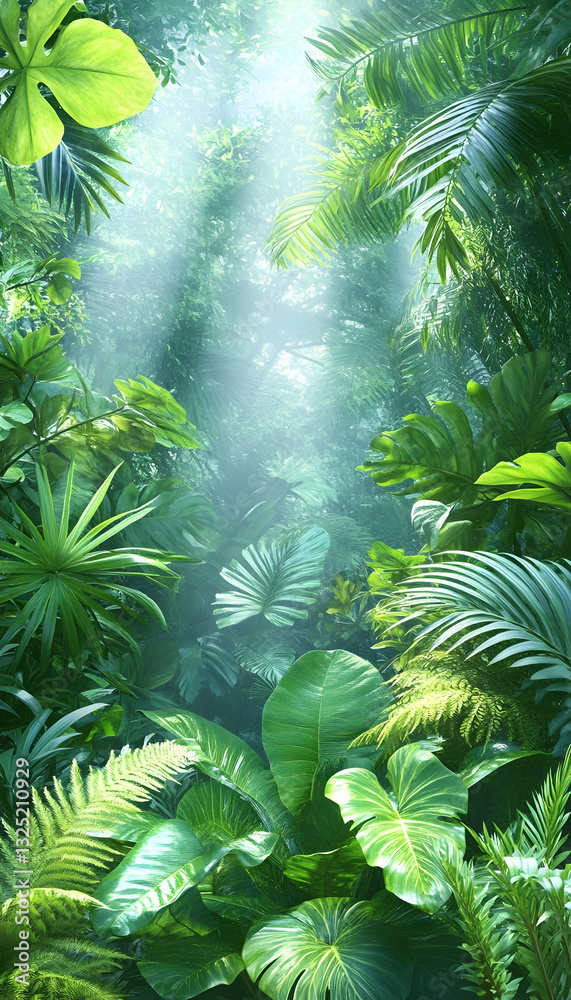 Obraz premium Lush rainforest canopy, sunlight filtering through foliage