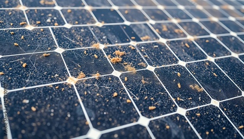 Close-up of a heavily soiled solar panel, dust obscuring the cells,  energy production,  photovoltaic cell