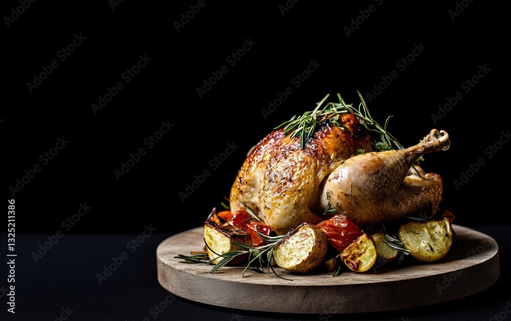 Roasted chicken with potatoes and herbs on a rustic wooden board, dark background Roasted chicken with potatoes and herbs on a rustic wooden board, dark background