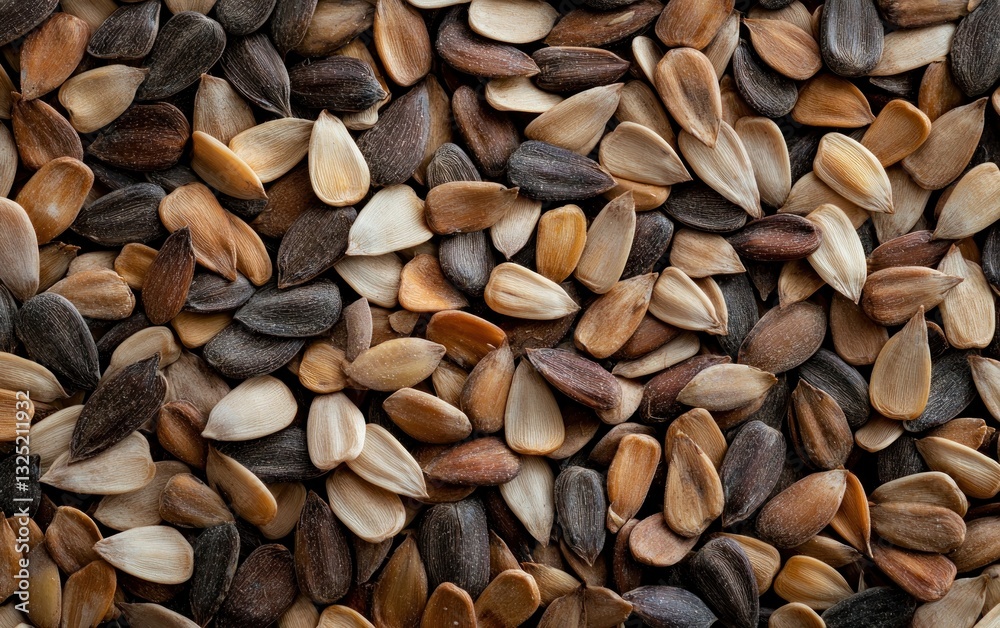Close-up view of a mix of roasted sunflower seeds in various shades of brown, black, and beige. The seeds are scattered and fill the entire frame Close-up view of a mix of roasted sunflower seeds in various shades of brown, black, and beige. The seeds are scattered and fill the entire frame