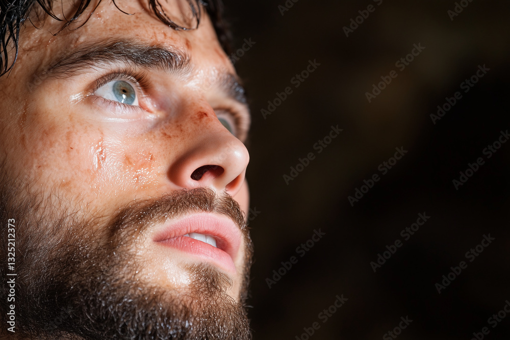 Obraz premium Close-up of a Determined Man with Sweat and Dirt