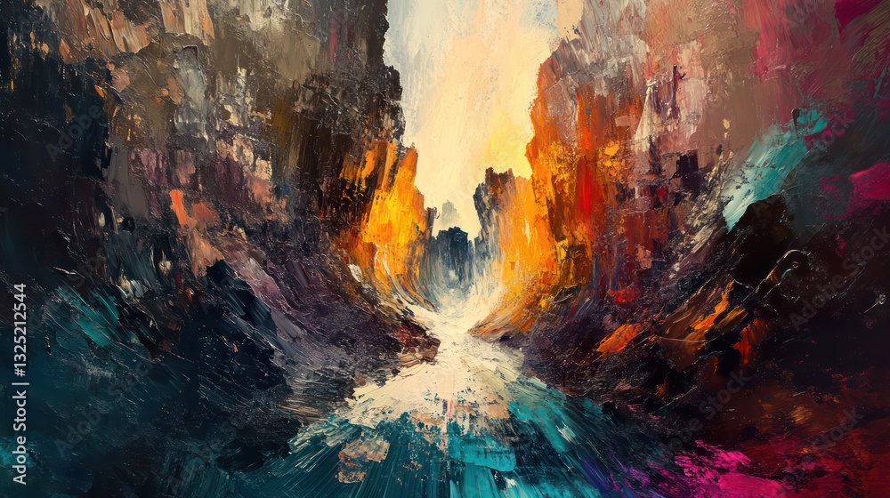 Fototapeta premium An abstract painting depicting a canyon with dramatic light and shadows