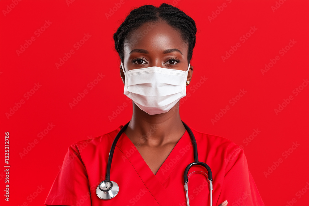 Confident Nurse in Red Scrubs Wearing a Face Mask Confident Nurse in Red Scrubs Wearing a Face Mask