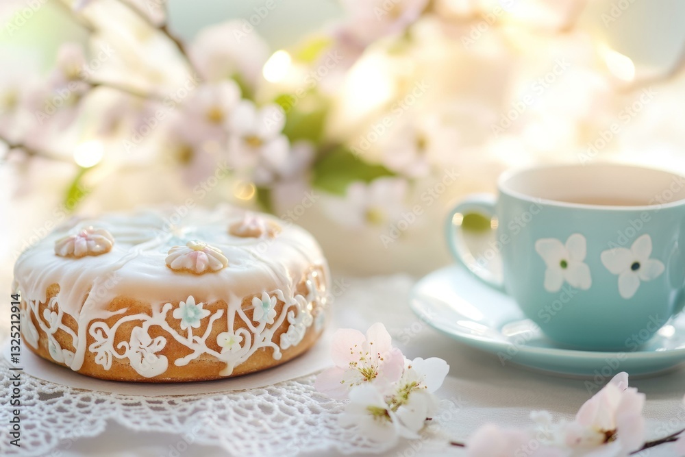 Delicate Masurek cake with caramel and nuts in Poland, floral decor and pastel cup create charming atmosphere Delicate Masurek cake with caramel and nuts in Poland, floral decor and pastel cup create charming atmosphere