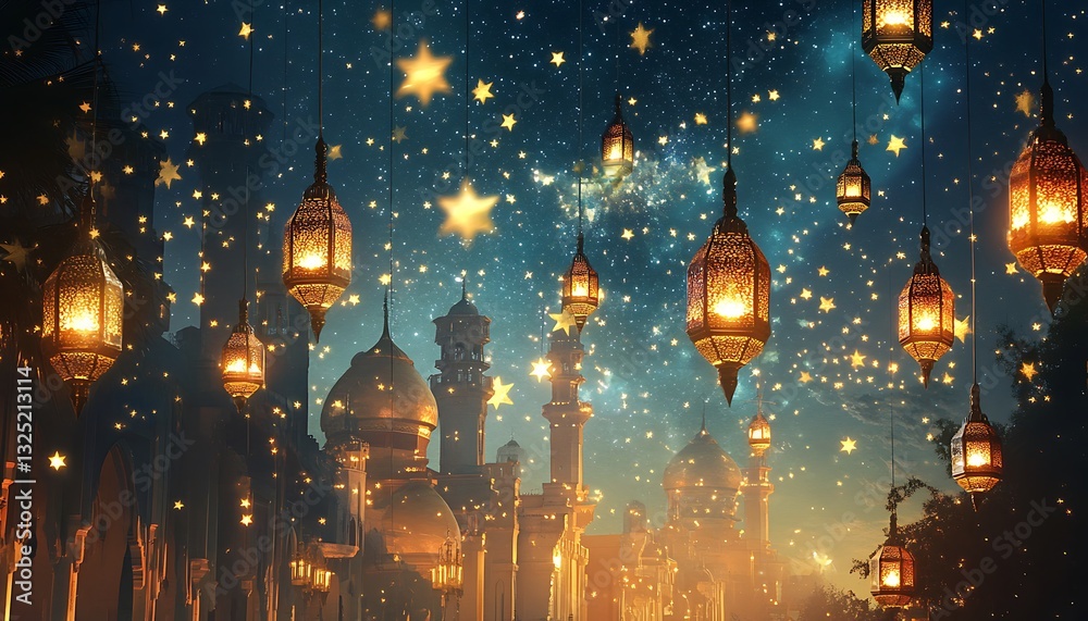 Obraz premium Magical Night Sky with Glowing Lanterns and Stars Above Cityscape