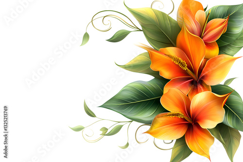 Orange Lily with Green Leaves and Swirls Isolated on a Transparent Background. Decorative floral arrangement. Perfect for botanical designs, invitations, and branding.