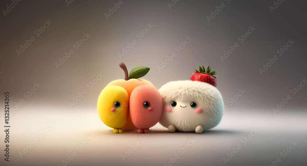 Three cute, stylized food characters, peach, sausage, and fluffy marshmallow with strawberry, stand together in a friendly pose against a soft background. Three cute, stylized food characters, peach, sausage, and fluffy marshmallow with strawberry, stand together in a friendly pose against a soft background.