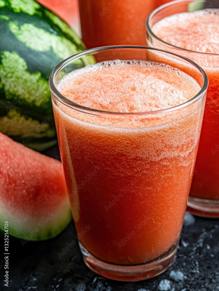 Refreshing watermelon juice in clear glasses, with slices of fresh watermelon nearby, Ideal for food blogs, summer recipes, or beverage menus captures the essence of summer hydration, Refreshing watermelon juice in clear glasses, with slices of fresh watermelon nearby, Ideal for food blogs, summer recipes, or beverage menus captures the essence of summer hydration,