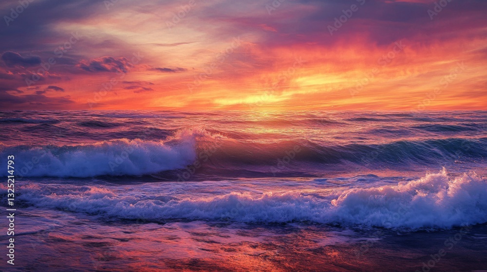 Fototapeta premium Vibrant Sunset Over Ocean Waves