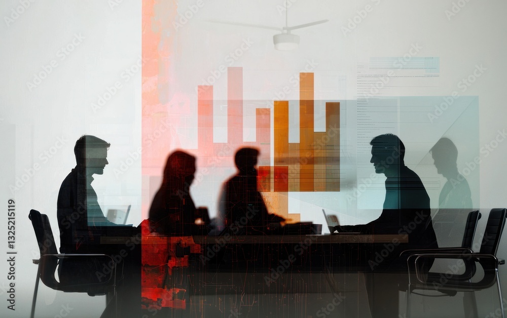 Silhouetted figures in a meeting, overlaid with translucent bar graphs and data visualizations. The scene is set in a modern office setting, with a muted color palette of grays, reds, and oranges Silhouetted figures in a meeting, overlaid with translucent bar graphs and data visualizations. The scene is set in a modern office setting, with a muted color palette of grays, reds, and oranges