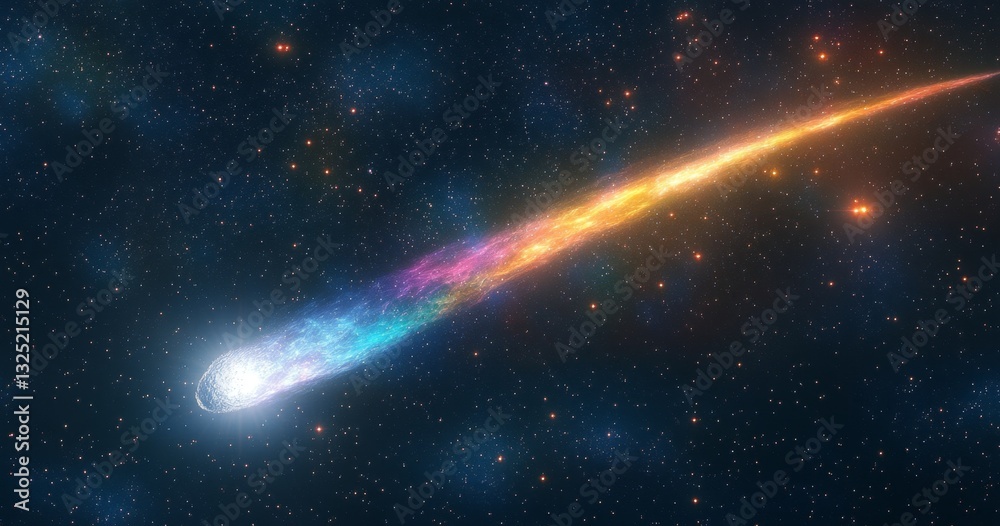 Majestic Cosmic Comet with Vibrant Color Trails Illuminating the Starry Night Sky in a Stunning Galactic Scene Majestic Cosmic Comet with Vibrant Color Trails Illuminating the Starry Night Sky in a Stunning Galactic Scene
