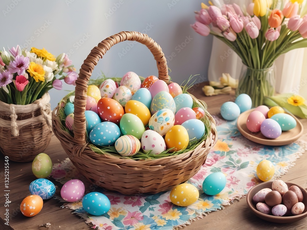 A variety of pastel-colored Easter eggs in soft hues, neatly arranged inside a woven basket, surrounded by delicate grass, capturing the essence of spring and festive cheer. A variety of pastel-colored Easter eggs in soft hues, neatly arranged inside a woven basket, surrounded by delicate grass, capturing the essence of spring and festive cheer.