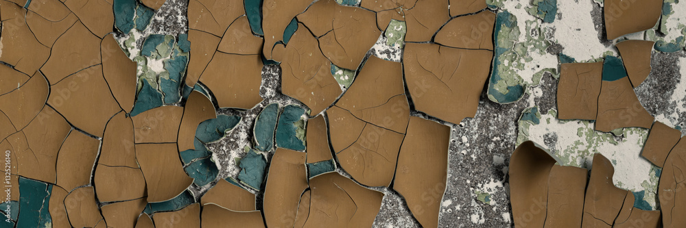 Peeling paint on the wall. Panorama of a concrete wall with old cracked flaking paint. Weathered rough painted surface with patterns of cracks and peeling. Wide panoramic grunge texture for background