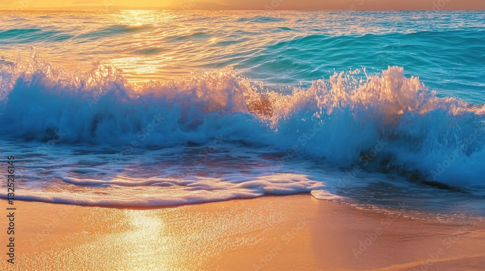 Naklejka premium Ocean Waves Crashing on Sandy Beach at Sunset