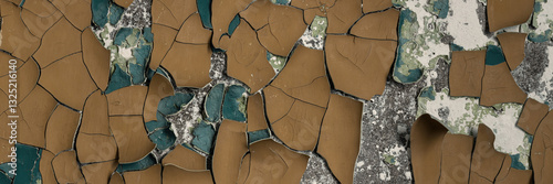 Obraz na płótnie Peeling paint on the wall. Panorama of a concrete wall with old cracked flaking paint. Weathered rough painted surface with patterns of cracks and peeling. Wide panoramic grunge texture for background w salonie