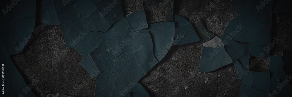 Dark wide panoramic background. Peeling paint on a concrete wall. Dark grunge texture of old cracked flaking paint. Weathered rough painted surface. Patterns of cracks. Darkness background for design.
