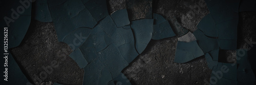 Obraz na płótnie Dark wide panoramic background. Peeling paint on a concrete wall. Dark grunge texture of old cracked flaking paint. Weathered rough painted surface. Patterns of cracks. Darkness background for design. w salonie