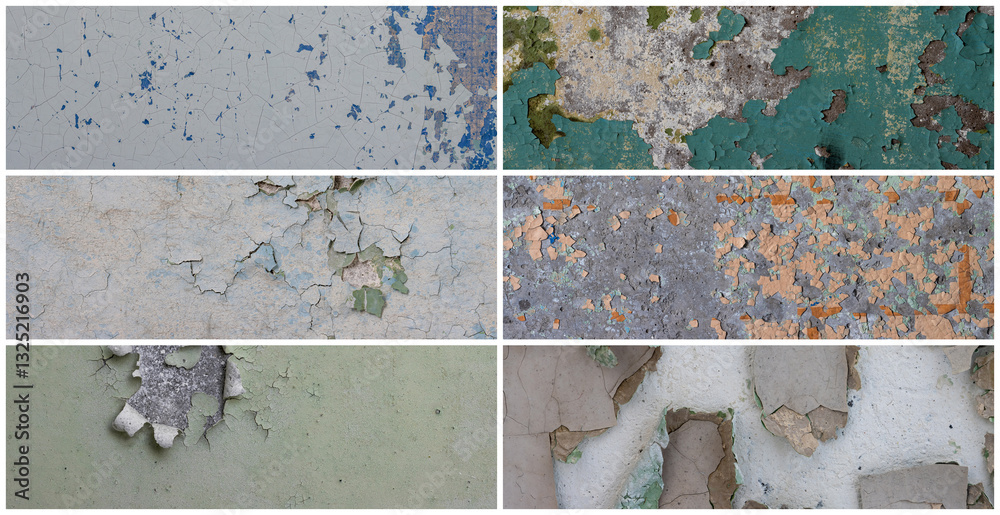 Set of peeling paint textures. Old concrete walls with cracked flaking paint. Weathered rough painted surfaces with patterns of cracks and peeling. Collection of panoramic backgrounds for design.