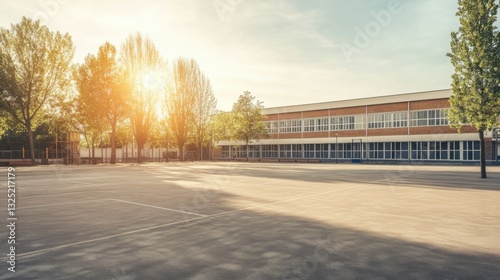 Fototapeta Naklejka Na Ścianę i Meble -  Serene Schoolyard Scene at Sunset With Trees and Empty Playground