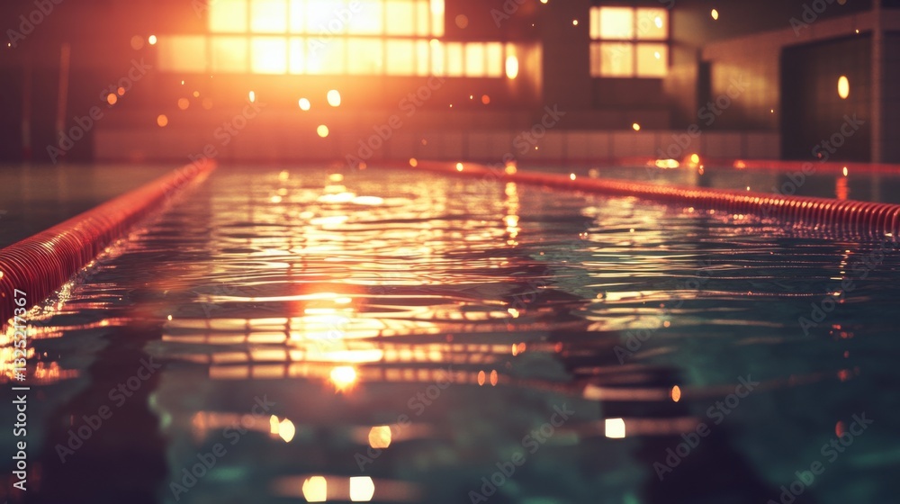 Serene Swimming Pool at Sunset in Indoor Setting with Reflections Serene Swimming Pool at Sunset in Indoor Setting with Reflections