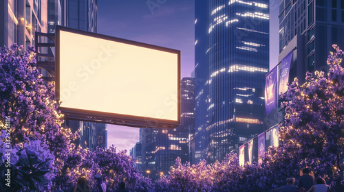 Wallpaper Mural Blank Billboard Mockup at Night City Marketing Poster in City. Flowers arround Frame in Spring. Blank Template for Advertise in Spring. Commercial Empty Banner, Product Presentation in Urban. Torontodigital.ca