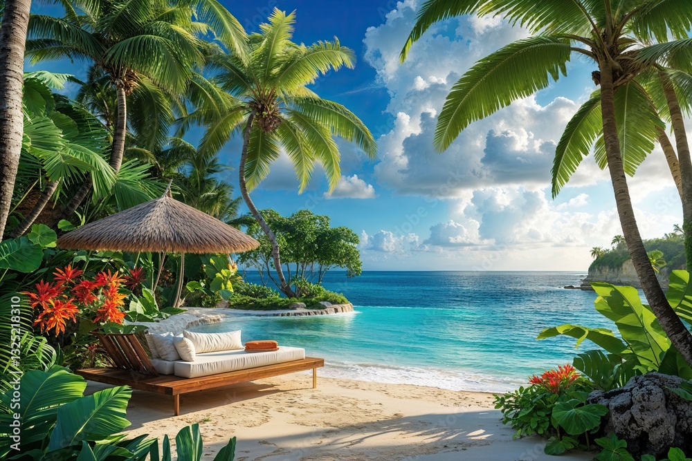 Fototapeta premium Lush Tropical Oceanfront Retreat with Exotic Scenery and Vibrant Foliage