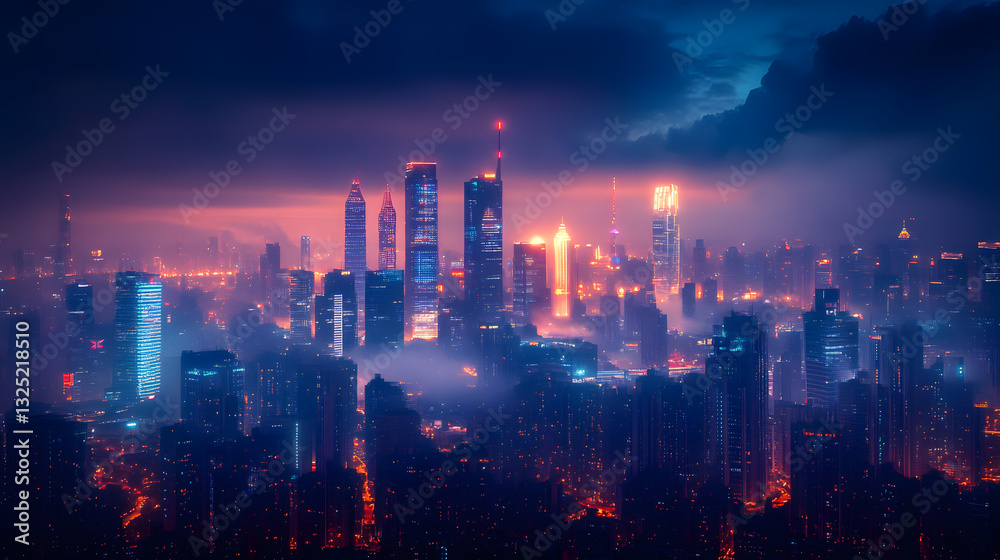 Fototapeta premium Vibrant city skyline at twilight with illuminated skyscrapers amidst a misty atmosphere