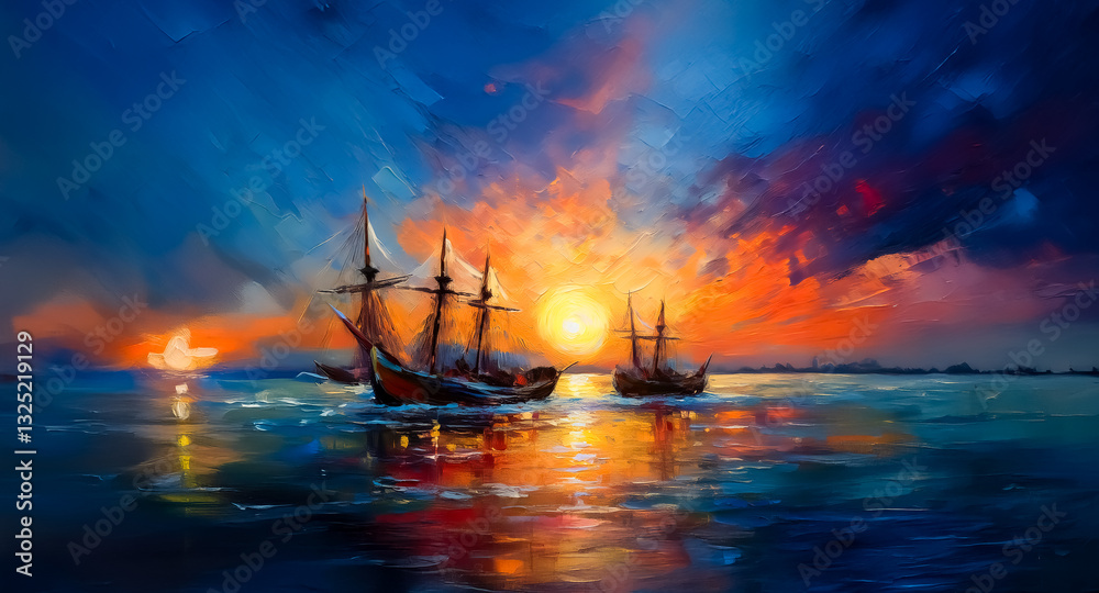 Obraz premium Two sailing ships navigate the ocean as the sun sets, casting a vibrant glow across the sky and water. The colorful scene evokes a sense of adventure and tranquility.