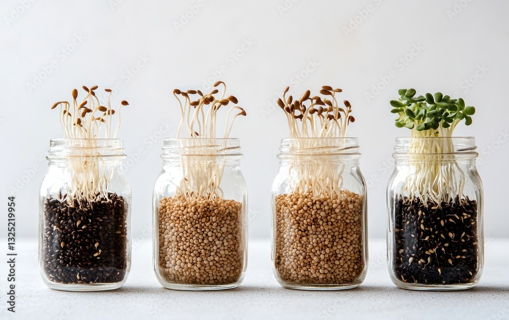 Four glass jars containing various sprouting seeds. The seeds are in different stages of growth, showing varying heights and colors. The jars are arranged in a row against a light background Four glass jars containing various sprouting seeds. The seeds are in different stages of growth, showing varying heights and colors. The jars are arranged in a row against a light background