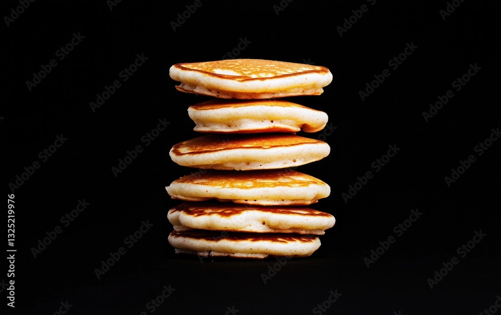 A stack of five golden brown pancakes against a black background. The pancakes are small and round, showing slight texture and some darker spots. A stack of five golden brown pancakes against a black background. The pancakes are small and round, showing slight texture and some darker spots.