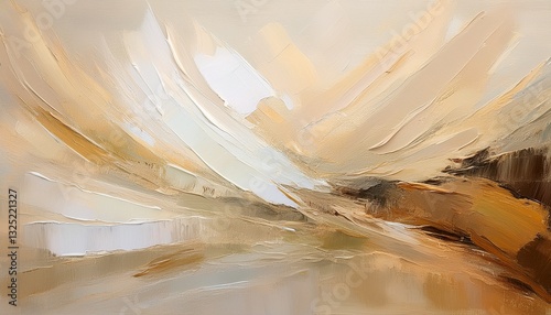 neutral beige and white abstract oil painting with visible brushstrokes and palette knife textures creating a blurred landscape effect
