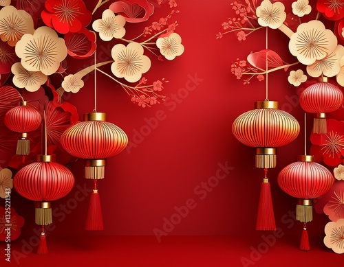 elegant red chinese inspired background with decorative lanterns and floral accents background
