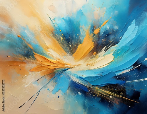 blue and beige textured backgrounds merging in the center creating an abstract design filled with vibrant paint splatters and expressive brushstrokes evoking a modern artistic vibe
