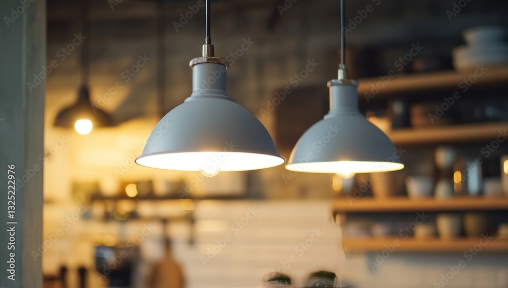 Obraz premium Two gray pendant lights illuminate a cafe interior.