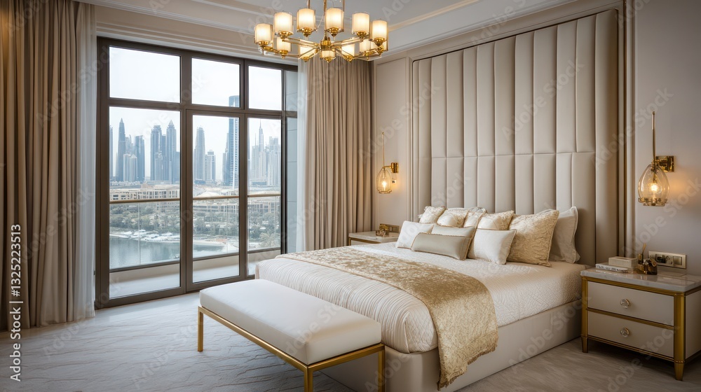 Fototapeta premium A glamorous bedroom with a soft beige velvet headboard and luxurious cream and gold bedding