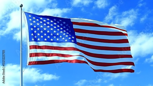 American flag waving in the wind against a blue sky background