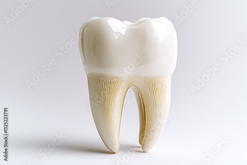 Macro shot of a single molar tooth isolated on a clean white background, detailed enamel texture, natural ridges, and realistic translucency.