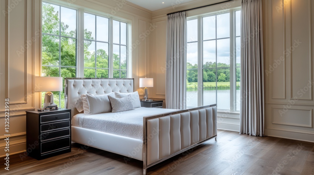 Fototapeta premium A high-end bedroom with soft cream wall panels, a plush white headboard, and a silver bed frame
