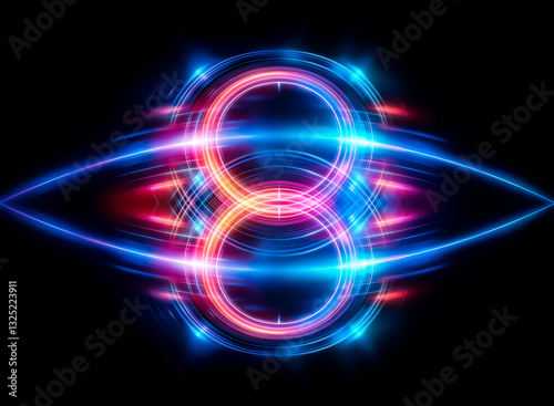 Abstract glowing figure eight design with vibrant blue and red light trails against a dark backdrop. Circular shape, energy and motion are visually represented.