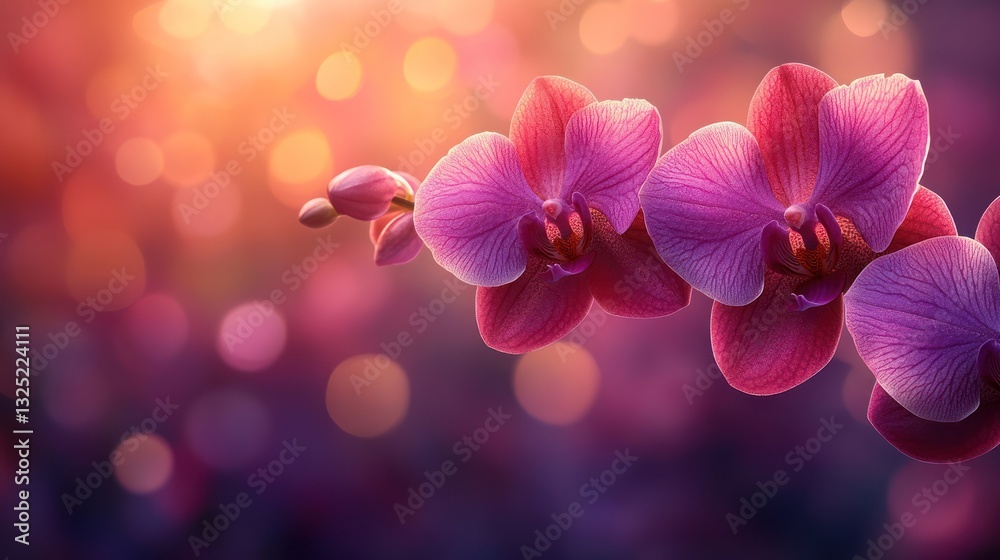 Fototapeta premium Close-up of vibrant pink orchids blooming at sunset.