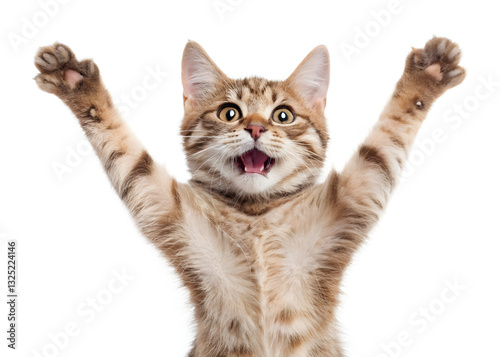 playful tabby cat with raised paws and funny expression on white background. laughter tabby playful