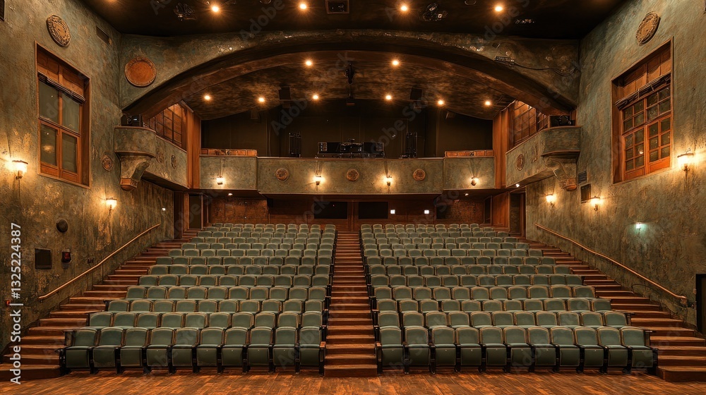 Obraz premium Empty theater auditorium with teal seats and wooden floor.