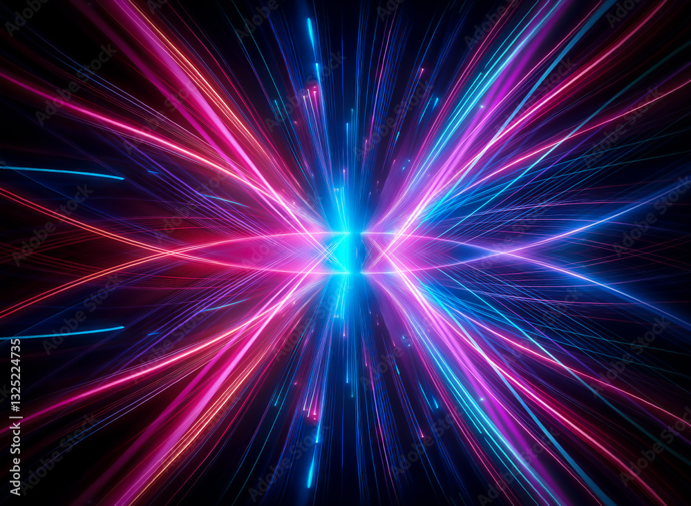 Naklejka premium Abstract design features neon pink and blue light streaks radiating from a bright central point against a black background, creating a dynamic and vibrant visual.
