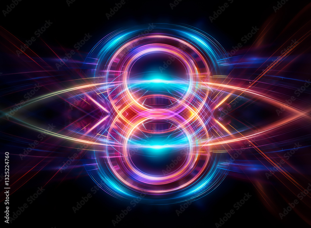 Obraz premium Symmetrical abstract artwork featuring vibrant glowing circles and lines in blue, purple, orange against black. Digital light effect.