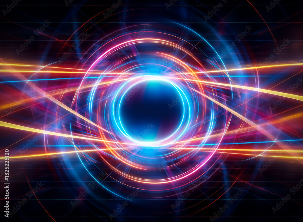 Vibrant glowing rings of blue, pink, and orange light emanate from a dark center, creating a dynamic and abstract design with energy and motion. Vibrant glowing rings of blue, pink, and orange light emanate from a dark center, creating a dynamic and abstract design with energy and motion.