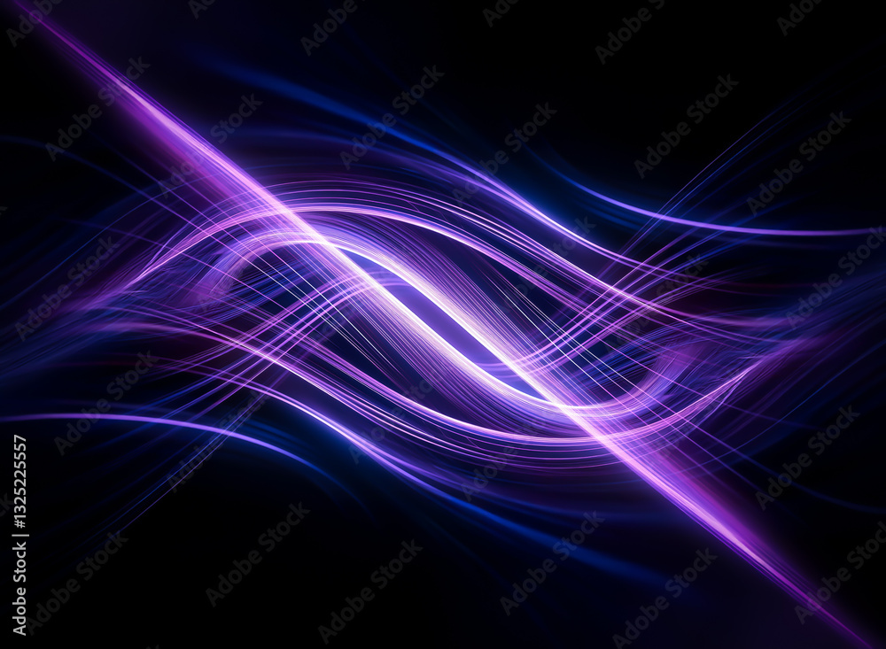 Fototapeta premium Abstract image featuring swirling purple and blue light waves contrasted against a black backdrop, creating a dynamic and futuristic visual with energetic flowing lines.