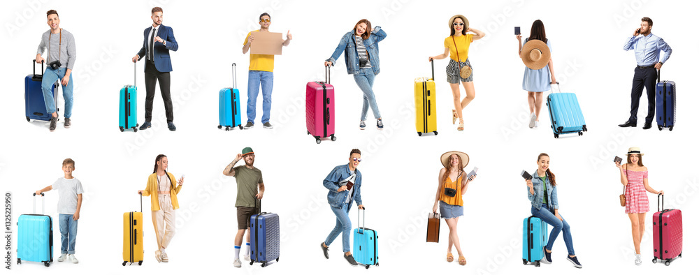 Set of many tourists with suitcases on white background Set of many tourists with suitcases on white background
