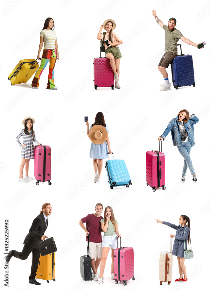 Set of many people with suitcases on white background Set of many people with suitcases on white background