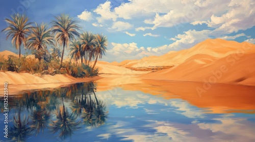 A beautiful desert oasis reflects palm trees in the tranquil water