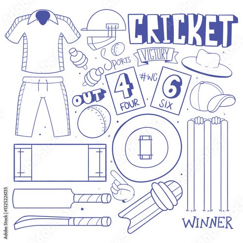 Cricket Sports Doodle Illustrations. hand drawn cricket scribbles vector. cricket doodle art vector